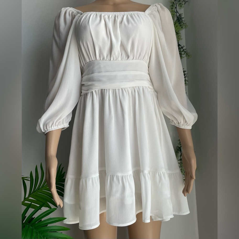 Off-Shoulder White Tiered Mini Dress